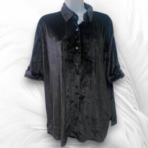 Misia Women’s Black Velvet Top Short Sleeve Button Up Size: L